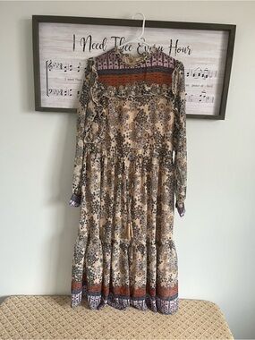 easel Neutral Boho Floral Tiered Long-Sleeve Dress